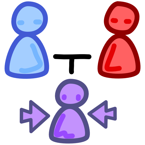 A blue  figure and a red figure sit next to each other with a Capital T shape connecting them and pointing down at a smaller purple figure. The smaller purple figure has purple arrows pointing at it from either side. 